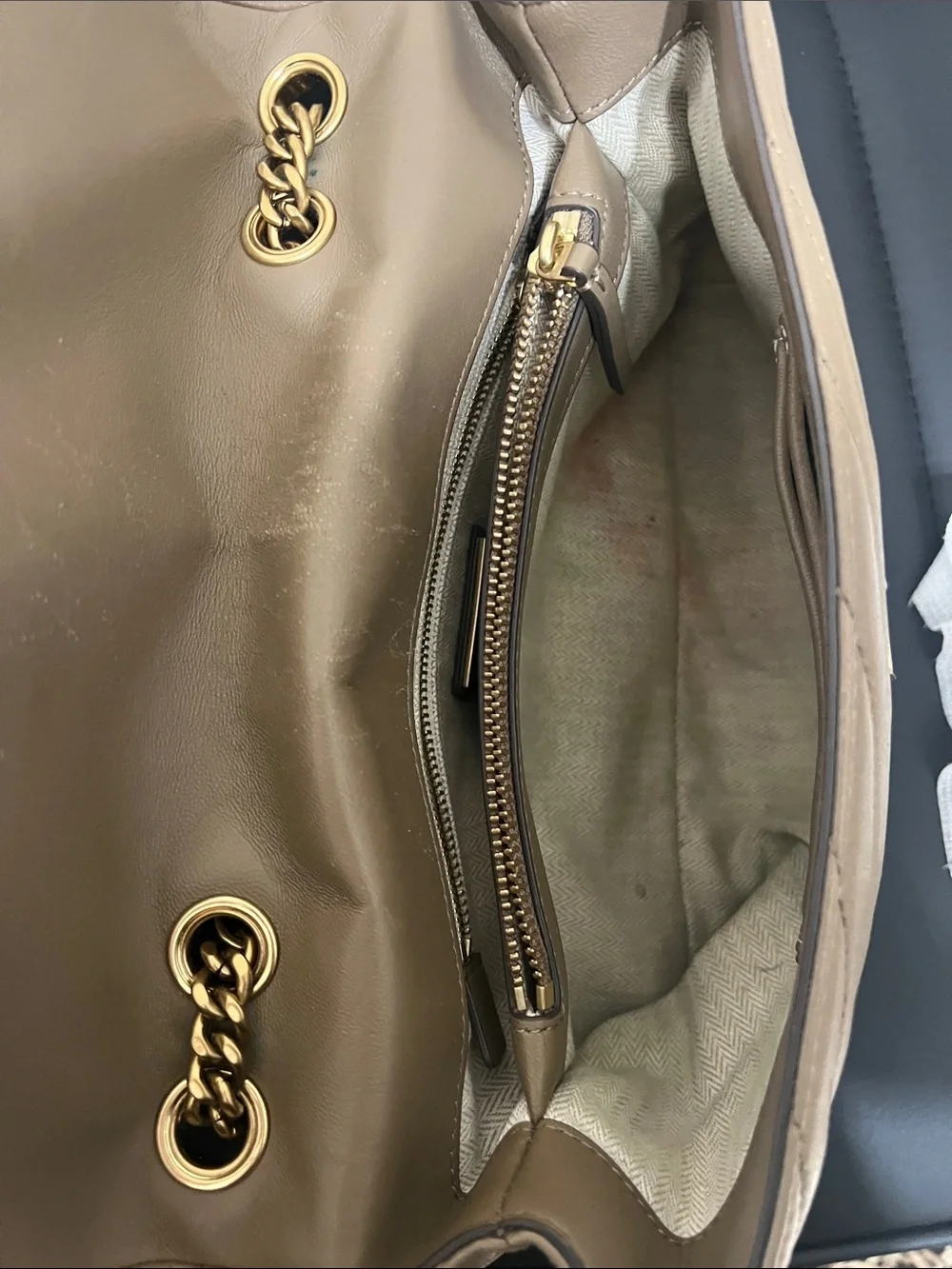 Tory Burch Kira Taupe Quilted Chevron Leather Shoulder Bag with Gold Chain